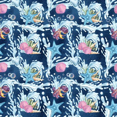 Watercolor seamless pattern with underwater life objects - seashells, starfish and octopus . Hand drawn isolated on white background. For textile, fabric, wallpaper, notebookの写真素材
