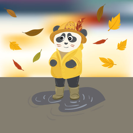 Cute Panda Holding Umbrella In Rain coat Cartoon Vector flat Illustration. Animal Nature Icon Concept Isolated Premium.のイラスト素材