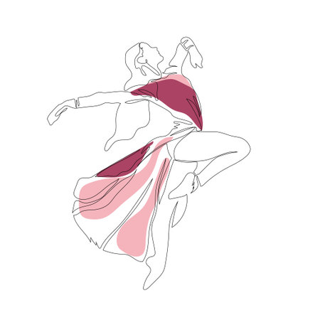 Continuous Line Art Drawing. Ballet Dancer ballerina jumping in beautiful red pink dress dreamのイラスト素材