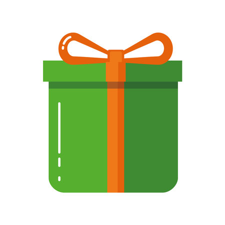 Green present for holiday with orange bow. Gift box for Christmas or saint Patricks day. Flat style illustrationのイラスト素材