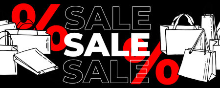 Big Sale Banner Design for shop online store in flat style. Discount. Shopping bag doodle. vector.のイラスト素材