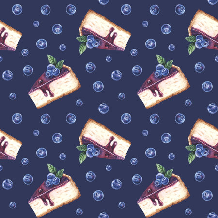 Watercolor seamless pattern sweet dessert. Hand drawn isolated on blue, violet background. For designers, menu, shop, bar, bistro, restaurant, for postcards.の写真素材