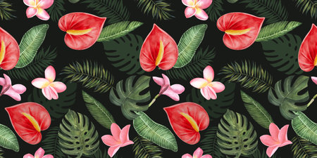 Seamless pattern with anthuriums, plumeria flowers and tropical leaves. Hand drawn watercolor . For...