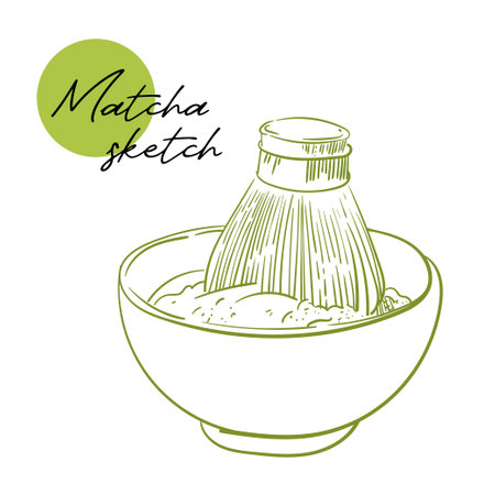 Matcha tea vector sketch drawing. Bowl with matcha powder, and bamboo whisk sketch. Hand-drawn Asian drink elements in a outline styleのイラスト素材
