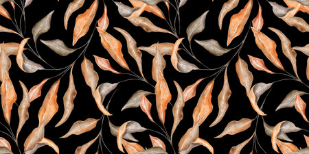 Seamless pattern hand drawn watercolor dry leaves, perfect for nature design or projects. Fabric, textile, decor, wallpaper, digital paper. Black backgroundの写真素材