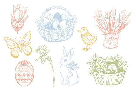 Hand drawn vintage easter elements. Spring collection sketch illustrations. Rabbit, eggs, flowers, butterfly, birdのイラスト素材