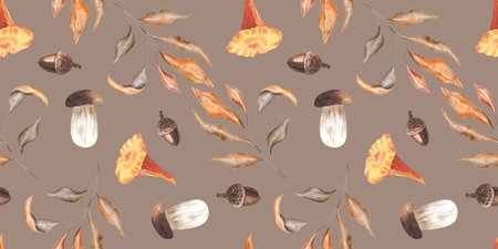 Seamless pattern watercolor hand drawn with acorns, mushrooms and autumn leaves. Ideal for wallpaper, gift paper, pattern fill, web page background, autumn greeting cards.の写真素材