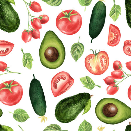 Seamless pattern. Hand drawn watercolor vegetables . cucumber, basil, tomato, organic, avocado, leaves. Illustration on white background. For restaurant, kitchen, textile, fabric.の写真素材