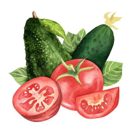 Fresh vegetables. Tomato with cucumber, avocado and greenery. Hand drawn watercolor illustration, isolated on white background. For restaurant, market, kitchen , decoration, stickers, booksの写真素材