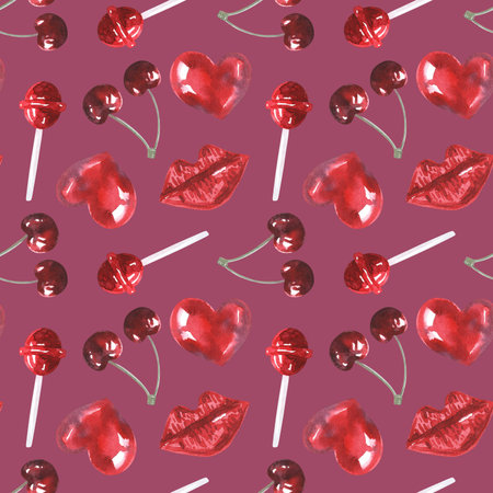 Valentines day red seamless pattern isolated on white background. hand drawn watercolour elements....