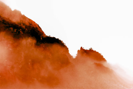 abstract red smoke on white background, In Mountain HuangShan Regional Park, Chinaの写真素材