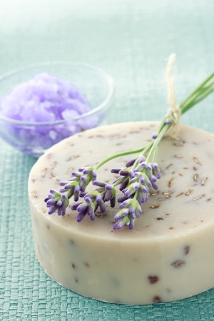 Handmade soap with fresh lavendersの写真素材