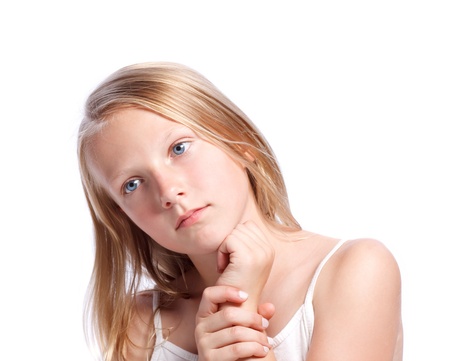 Young Blonde Girl Thinking or Looking - Isolated on Whiteの写真素材