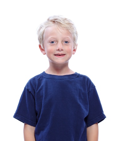 Happy Blonde Boy Smiling in Blue Shirtの写真素材