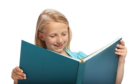 Little Blonde Girl Reading a Big Blue Bookの写真素材