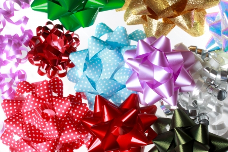 Assortment of holiday gift bows on white backgroundの写真素材