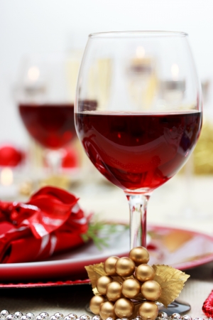 Red wine at Christmas dinnerの写真素材