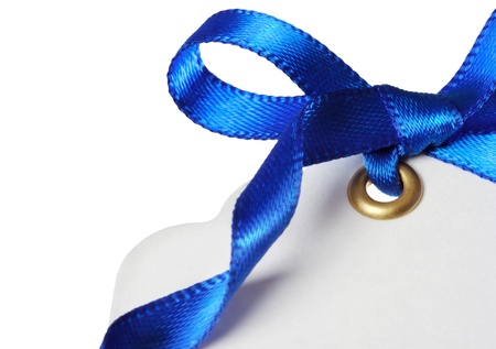 Price Tag with Blue Ribbon on White Backgroundの写真素材