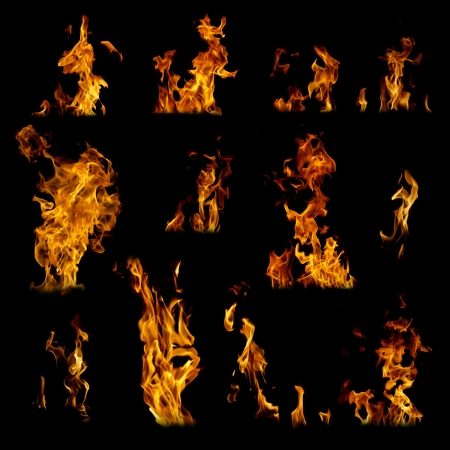Assorted fire, flames collection on black background の写真素材