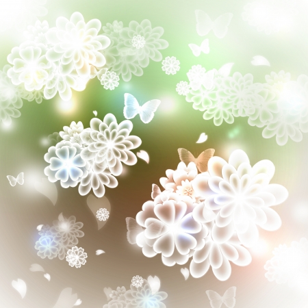 Blossoms and butterflies pastel illustration  green and brown の写真素材
