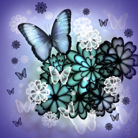 Butterflies and blossoms purple colored illustration の写真素材