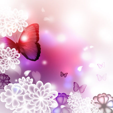 Blossoms and butterflies, pink and purple illustrationの写真素材