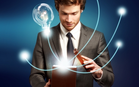 Young Man Thinking Outside the Box, Brilliant Ideas, Eurekaの写真素材