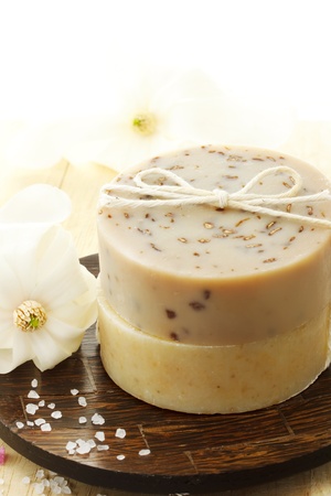 Natural handmade soap with flowers and bath saltの写真素材