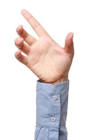 Hand positioned to hold a product isolated on whiteの写真素材