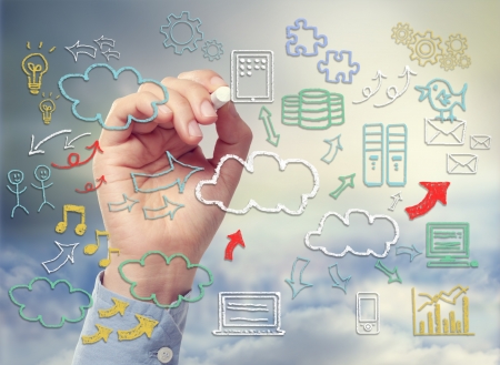 Cloud computing and connectivity theme with icons drawn with chalk sketchesの写真素材