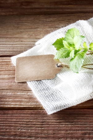 Blank tag on a rustic wooden table with burlap and a sprig of mint の写真素材