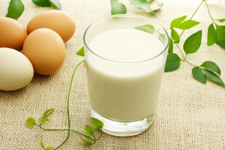 Milk and Eggs on Burlapの写真素材