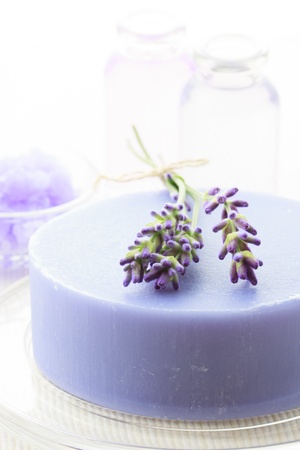 Handmade soap with fresh lavenders, bath salt and essential oilの写真素材