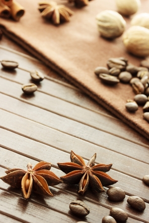 Collection of spices - star anise, coffee beans, nutmeg and cinnamon sticksの写真素材