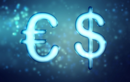 Euro and Dollar on abstract blue light backgroundの写真素材