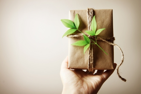 Hand holding a present box rustic styleの写真素材
