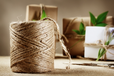 Rustic hemp cord spool with natural style handcrafted gift boxesの写真素材