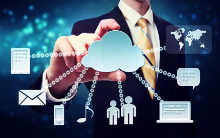 Cloud computing connection concept with business man on a blue technology  の写真素材