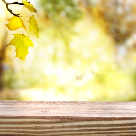 Aged and rustic wooden boards with an autumn sky and foliage の写真素材