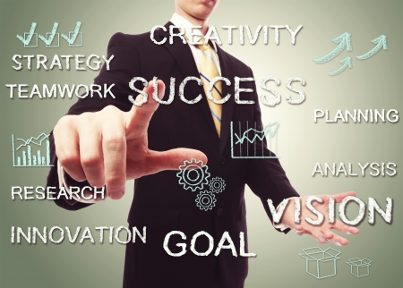 Business man with success concept texts with cartoonの写真素材