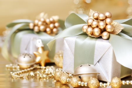 Christmas Gift Box with Bells and Beadsの写真素材