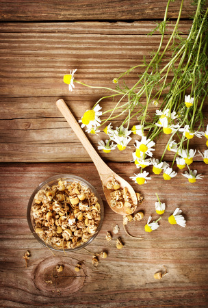 Dried chamomile tea with fresh chamomile flowers on rustic wooden tableの写真素材