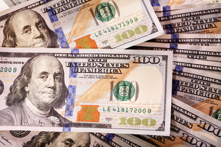 Cash spread of new hundred-dollar bills (in circulation since Oct 2013)の写真素材