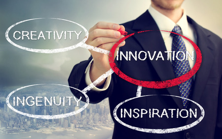 Businessman circling a innovation bubble connected to creativity, ingenuity, and inspirationの写真素材