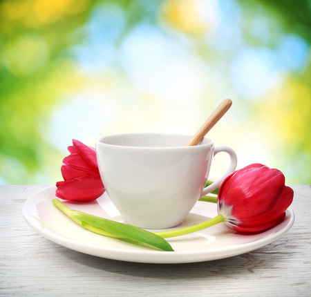Coffee cup with red tulips in shiny leaves backgroundの写真素材
