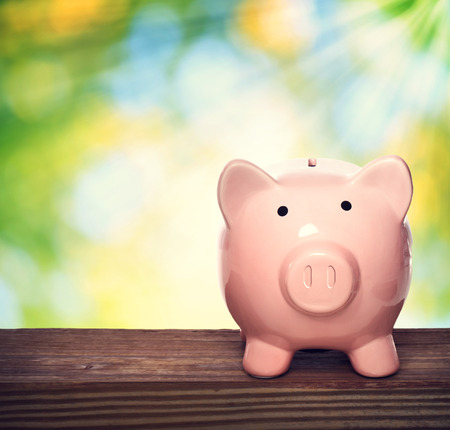 Pink piggy bank over shiny leaves backgroundの写真素材