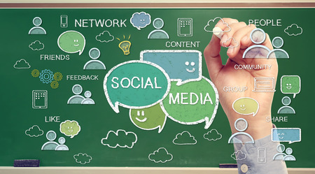 Social media texts and cartoon on green chalk boardの写真素材