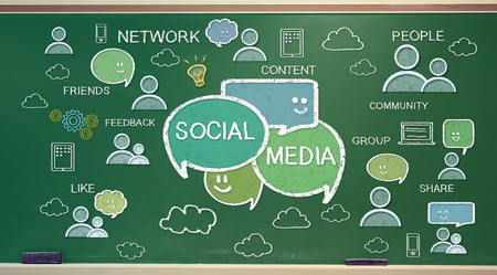 Social media texts and cartoon on green chalk boardの写真素材