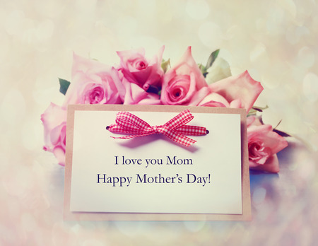 Handmade Mothers Day greeting card with pink rosesの写真素材