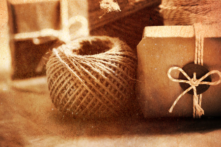 Vintage style handmade gift box and spoolの写真素材